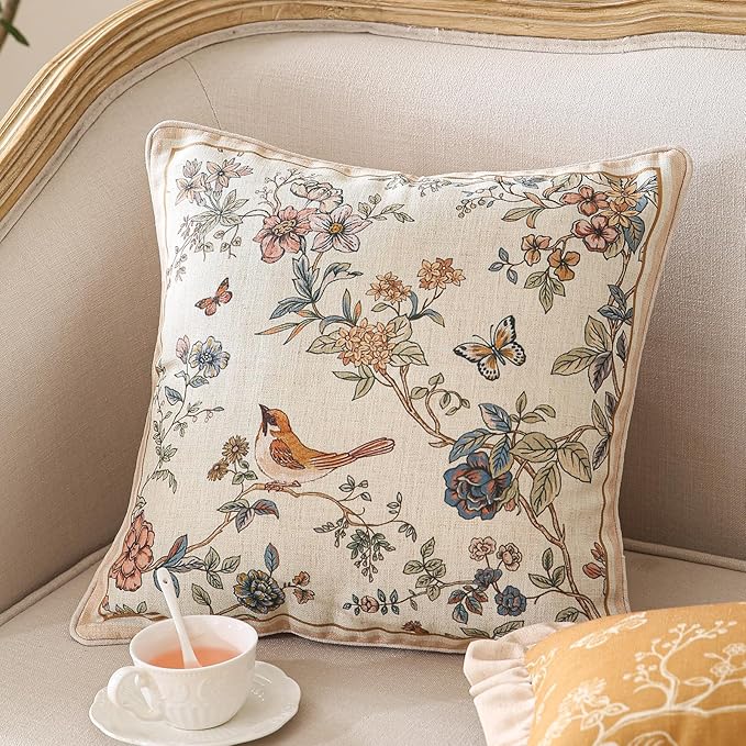 Design Square Floral Bird Linen Throw Pillow Covers 18"x18" Pack of 2, Yellow Pink Cushion Covers with Flower Chinese Hwamei Decor Pillowcases for Bed,Living Room,Outdoor,Car