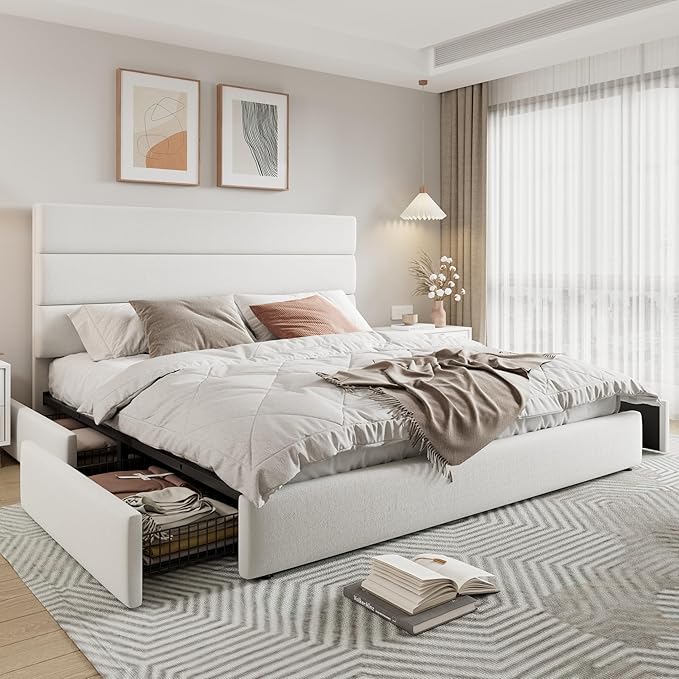 Allewie Modern King Size Platform Bed Frame with 4 Storage Drawers and Velvet Upholstered Headboard, Wooden Slats Support, Upholstered Mattress Foundation/No Box Spring Needed/Easy Assembly, White