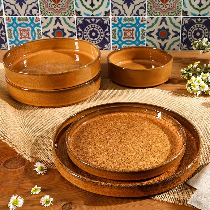 Bloomhouse Santorini Mist Double Bowl Terracotta Reactive Glaze Plates and Bowls Dinnerware Set - Amber, Service for Four (16pcs)