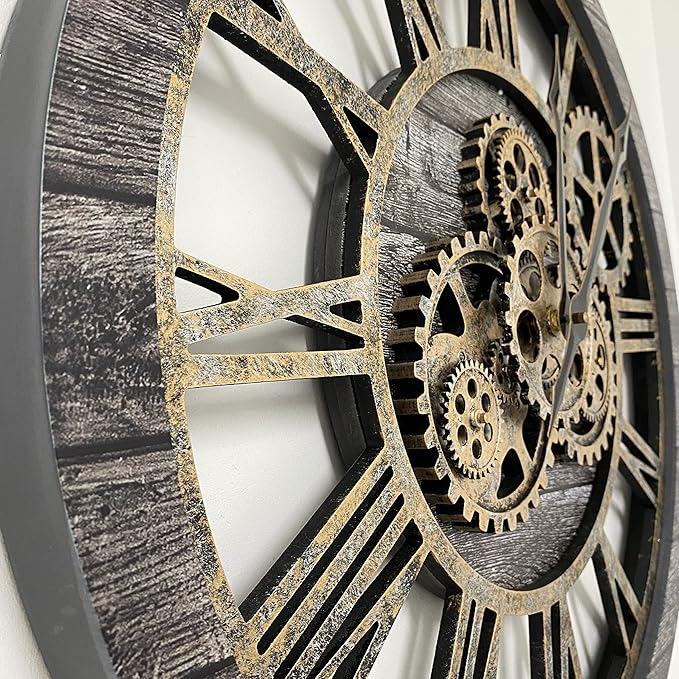 The Gears Clock The Original Real Moving Gear Wall Clock Vintage Industrial Oversized Rustic Farmhouse (24 inch (60cm), Vintage Carbon Grey and Bronze)