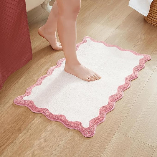 MONDAY MOOSE Bath Mat with Scalloped Wavy Ripple Design, Microfiber Absorbent Non Slip Tufted Rug for Floor, Shower or Kitchen (16x24 inch, Pink)