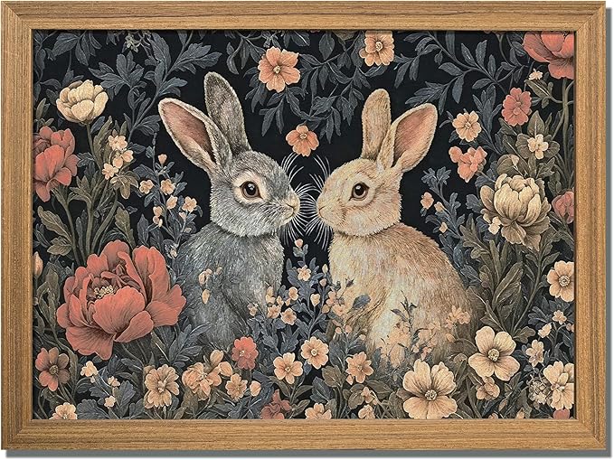 AKWISH Framed 3D Textured Vintage Wall Art - Dark Academia Easter Bunny Decor Hand Drawn Sandstone Paintings with Botanical Florals, Aesthetic Wall Decor for Living Room Bedroom Home 12x16 inch