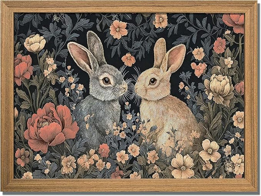 AKWISH Framed 3D Textured Vintage Wall Art - Dark Academia Easter Bunny Decor Hand Drawn Sandstone Paintings with Botanical Florals, Aesthetic Wall Decor for Living Room Bedroom Home 12x16 inch