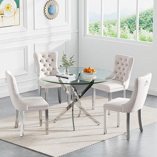 Goujxcy 5 Piece Round Glass Dining Table Set for 4, 36" Round Dining Table & Chair Set Modern Circle Glass Kitchen Table and 4 Velvet Upholstered Chairs for Kitchen Dining (Silver Table & Beige Chair)