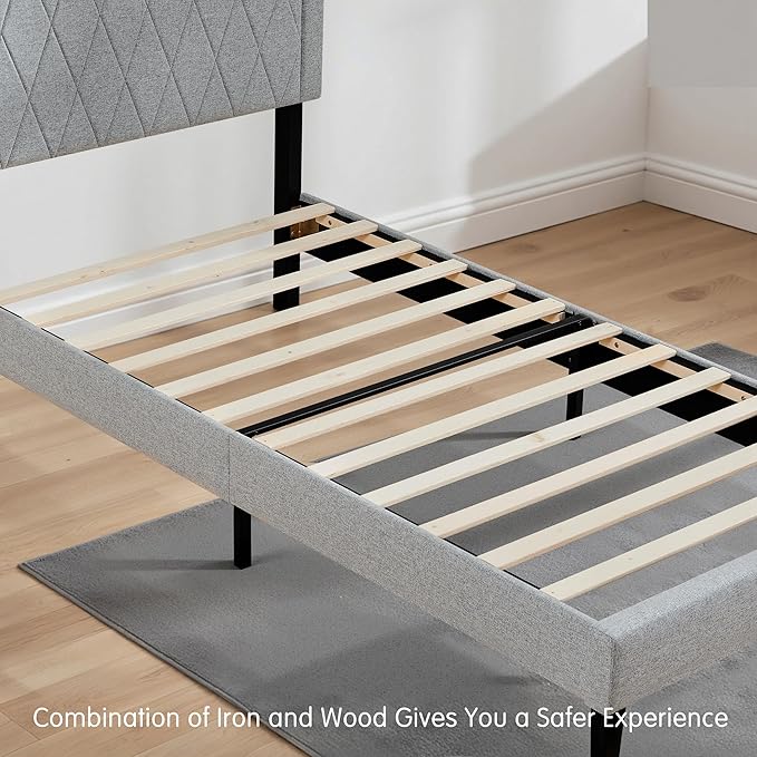 Hokway Bed Frame Upholstered Platform Bed with Headboard Wooden Slat Support No Box Spring Needed(Twin, Light Gray)