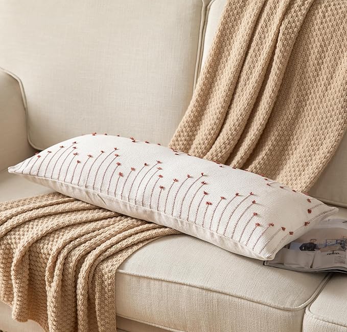 Boho Lumbar Pillow Cover 14x36 Long Pack of 1 Decorative Pillows Bed, Beige with Rust Body Throw Pillow Covers, for Modern Farmhouse Sofa Bedroom Living Room Home Decor Couch Pillowcase