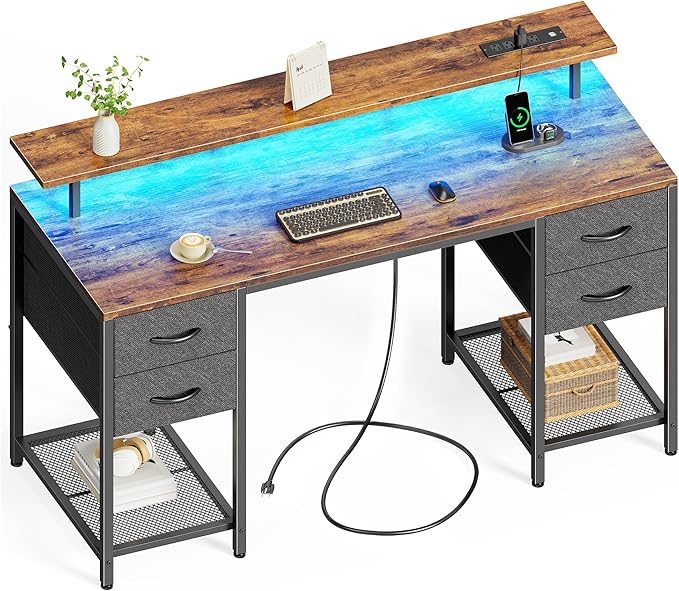 Huuger 55 inch Computer Desk with 4 Drawers, Gaming Desk with LED Lights & Power Outlets, Home Office Desk with Large Storage Space for Bedroom, Work from Home, Rustic Brown