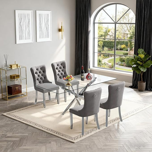 Goujxcy 51" Glass Dining Table Set for 4, Modern Kitchen Table and Chairs Set w/Steel Legs, 5-Piece Dining Table Set w/Glass Silver Dining Table and 4 Grey Velvet Chairs for Kitchen Dining Room