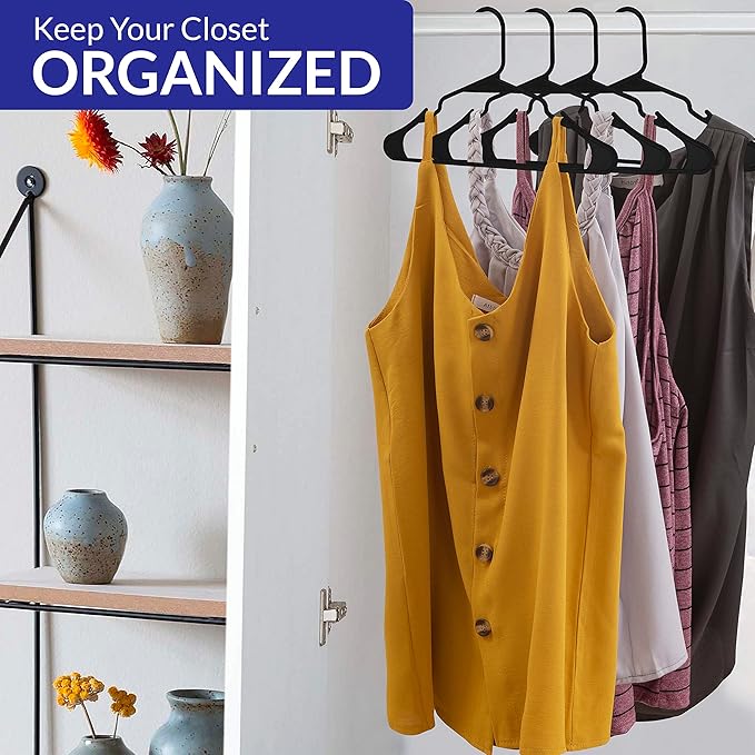 Royale Linens 60 Pack Black Plastic Hangers for Clothes - Heavy Duty Clothes Hanger for Everyday Use - Lightweight & Space Saving Notched Plastic Hangers