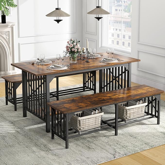 DWVO 3-Piece Dining Table Set for 4-6 People, 63" Dining Room Table with 2 Benches, Industrial Rectangular Dining Room Table Set with Storage for Kitchen, Dining Room, Rustic Brown