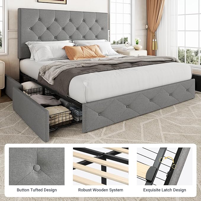 Allewie Upholstered Queen Size Platform Bed Frame with 4 Storage Drawers and Headboard, Diamond Stitched Button Tufted Mattress Foundation with Wooden Slats Support, Light Grey