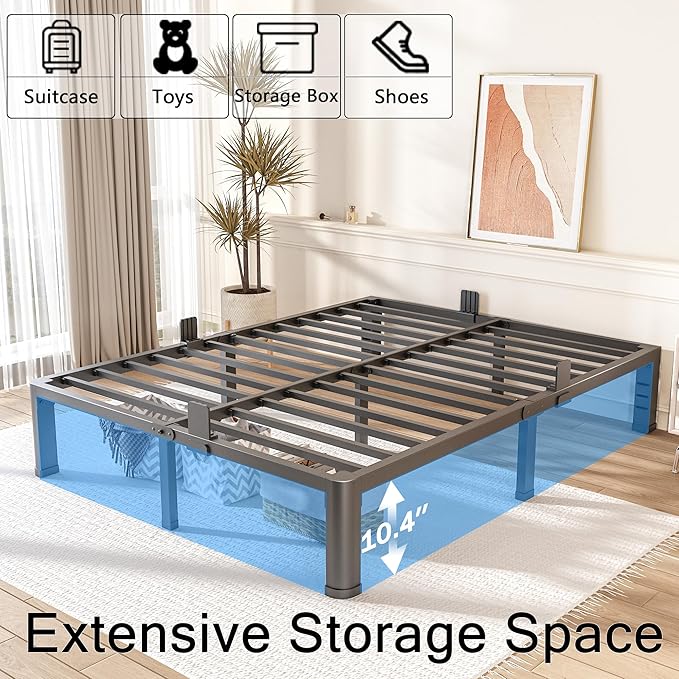 FUIOBYVV 12 Inch Full Bed Frame with Rounded Corner and Headboard Hole Mattress Retainers 3500 LBS Metal Heavy Duty Steel Slats Support No Box Spring Needed Platform Noise Free Easy Assembly