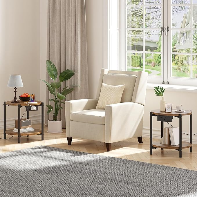 LIKIMIO Small Round End Tables Set of 2 with Charging Station, 2-Tier Wooden Side Tables, 15.8" W Modern Nightstands for Small Spaces, Living Room, Bedroom, Rustic Brown