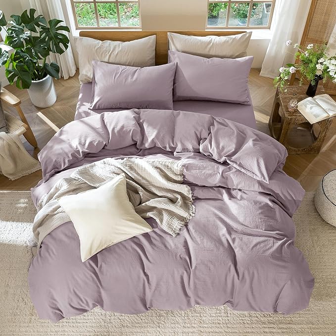 MooMee Bedding Duvet Cover Set 100% Washed Cotton Linen Like Textured Breathable Durable Soft Comfy (Solid Taro Purple, Super Queen 90"x98")
