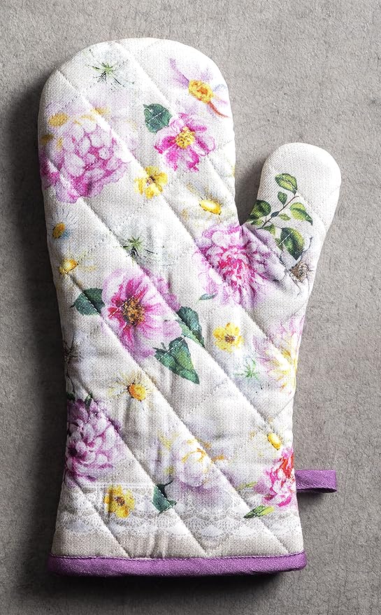 Maison d' Hermine Oven Gloves 100% Cotton Oven Mitt 7" x 13" with Loop Heat Resistant, BBQ, Cooking Gloves, Baking, Grilling, Kitchen, Handling Hot Pans Spring/Summer (Pack of 1, Pivoine)