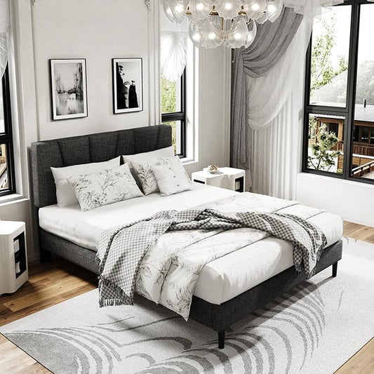 Queen Size Platform Bed Frame with Modern Upholstered Headboard, Wooden Slats Support, Noise Free, No Box Spring Needed, Easy Assembly, Dark Grey, Linen
