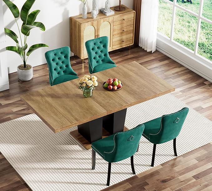 Goujxcy 5-Piece Extendable Dining Table Set for 4-8 People 63-78 Inch Kitchen Table Set with 4 Velvet Upholstered Chairs Farmhouse Rectangular Dining Room Table Set for Kitchen Dining Room Apartment