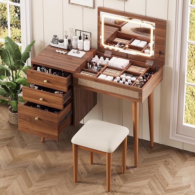 Merax 39" Retro Bohemian Style Vanity Desk, Makeup with Mirror & LED Lights, 3 Drawers & 10 Compartments Storage Dressing Table with Flip-Top Tabletop, Walnut