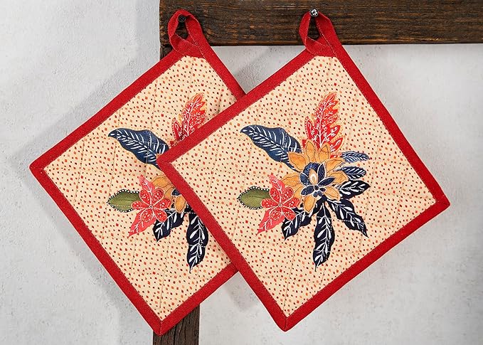 Maison d' Hermine Pot Holders Set 100% Cotton Heat Resistant Potholders 8" x 8" Hot Pads with Loop for Thanksgiving Christmas Decorations BBQ Cooking Baking Handling Hot Pans (Pack of 2, Kalahari)