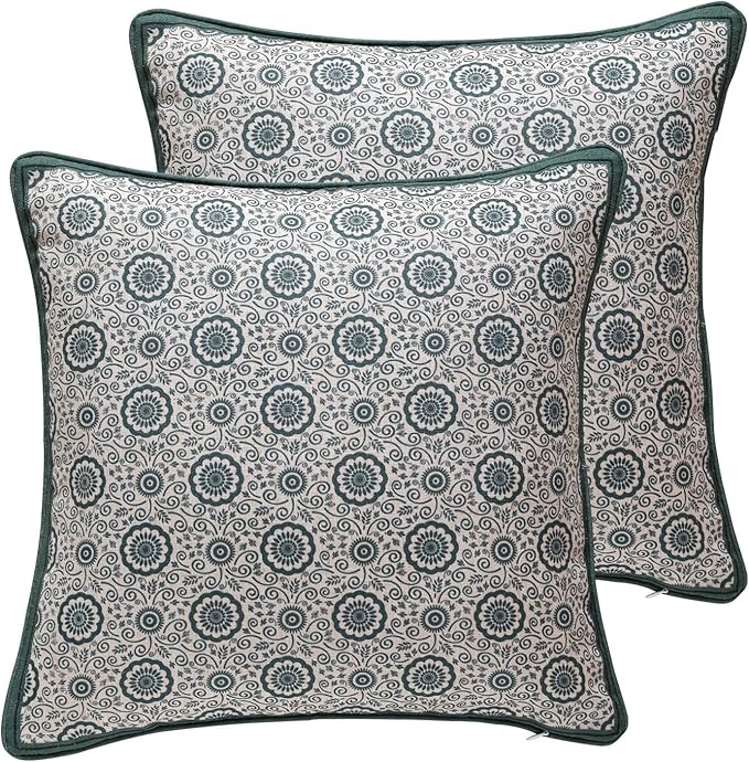 patdrea Designer Throw Pillow Covers,Square Green Vintage Rustic Linen with Abstract Geometric Floral Pattern Pillow Cover,Decorative Pillowcases Cushion for Bed Living Room