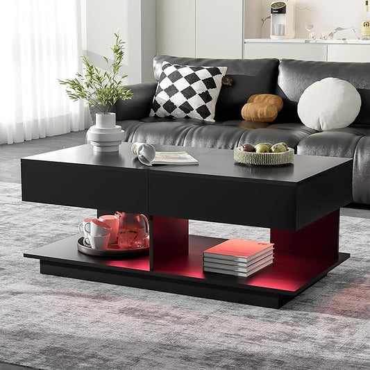 Modern High Gloss LED Coffee Table Center Table with Hidden Storage Space, Extending Top & LED Light for Living Room, Black