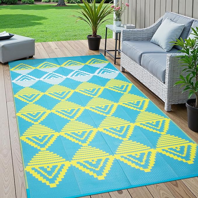 Beeiva Outdoor Rug Waterproof for Patio 6x9, Reversible Plastic Straw Mat for Camping, Modern Geometric Outside Rugs for Rv, Deck, Porch, Picnic, Beach, Balcony - Blue & Yellow