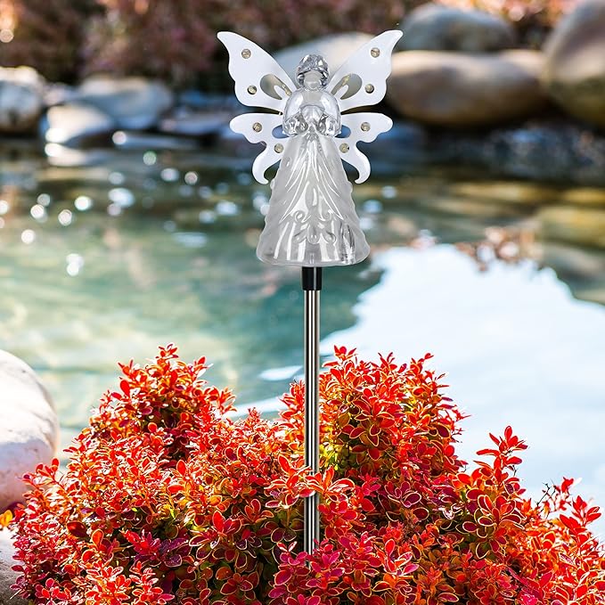 Exhart Garden Solar Lights, Decorative Angel Garden Stake, 12 LEDs, Cute Yard and Pathway Decor, White, 4 x 34 Inch