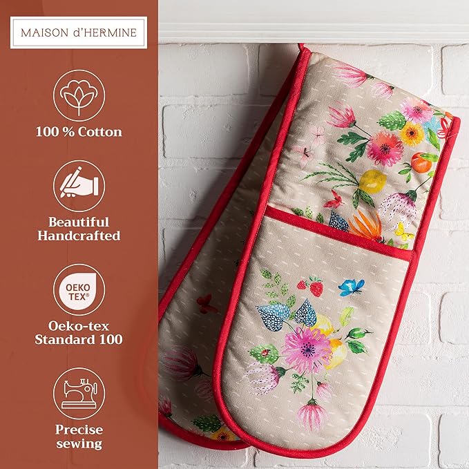 Maison d' Hermine Double Oven Mitts 100% Cotton 7"x35" Double Oven Mitt Heat Resistant BBQ Cooking Gloves with Loop, Baking, Grilling, Kitchen, Handling Hot Pans Spring Summer (Jardin D'Ete - Fog)