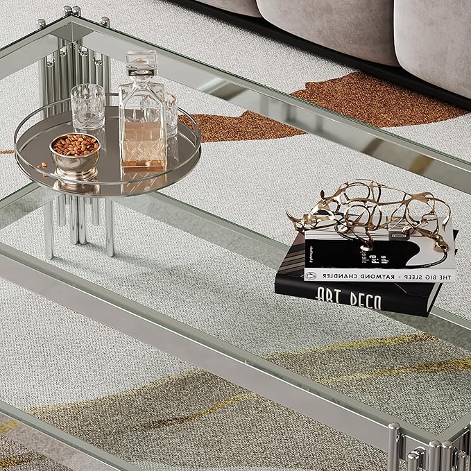 Goujxcy Modern Glass Coffee Table 47" Silver Center Table with Tempered Glass Top and Mirror Finish Stainless Steel Legs, Luxury Rectangular Coffee Table for Living Room Apartment (Silver)