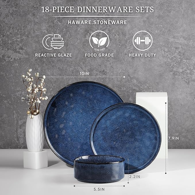 HaWare Dinnerware Sets, 18-Piece Plates and Bowls Set, Stoneware Dish Set for 6, Ceramic Dinnerware for Home Restaurant, Chip and Scratch Resistant, Microwave and Dishwasher Safe, Reactive Starry Blue