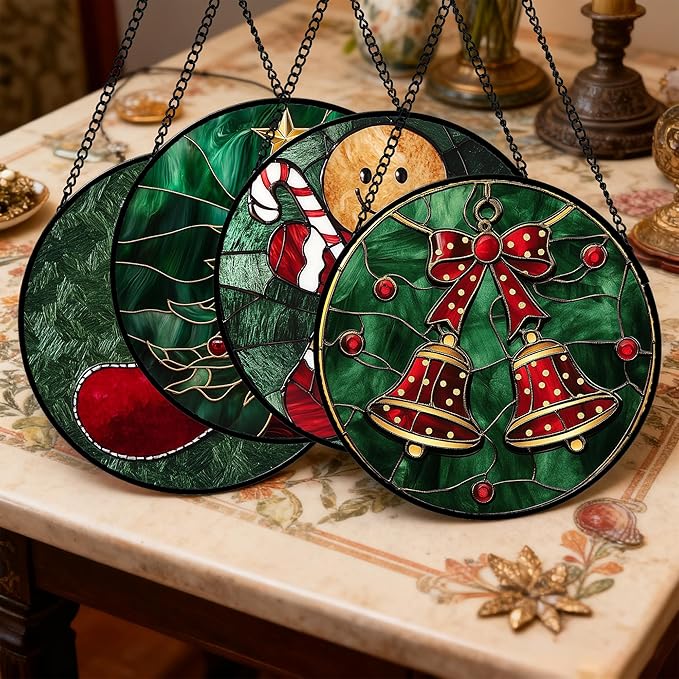 Stained Glass Window Hanging 4 Pcs Set Red Christmas Stockings and Gingerbread 6.3" - Suncatcher Door Garden Sun Catcher Decor Birthday Mother's Day Xmas Gifts for Mom Woman Nana Men