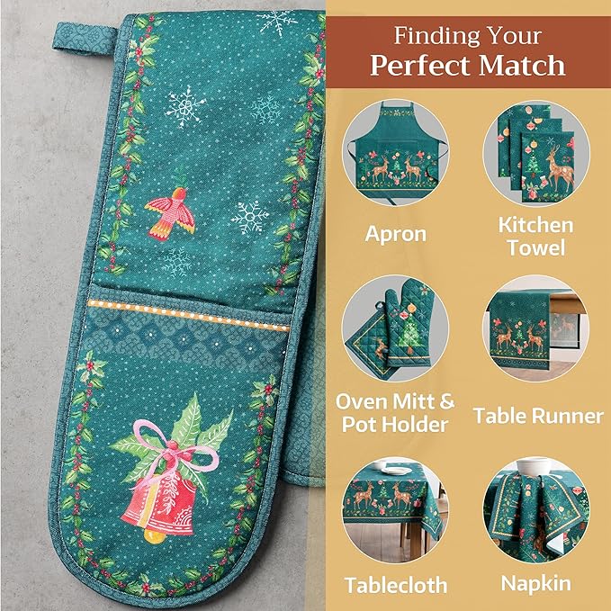 Maison d' Hermine Double Oven Mitt (7" x 35") 100% Cotton Heat Resistant BBQ Cooking Gloves with Loop for Thanksgiving Christmas Decorations Baking Cooking Barbeque Handling Hot Pan (Hygge Christmas)