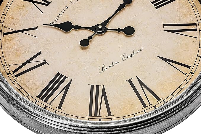 Bernhard Products Large Decorative Wall Clock 20 Inch Silent Non Ticking Battery Operated Quartz Vintage Stylish with Rustic Silver Rim for Home Living Room Dining Room Kitchen & Over Fireplace