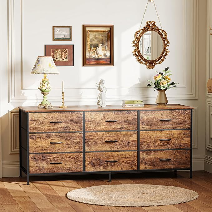 Huuger 9 Drawer Dresser, 55 Inch TV Stand for 55, 60 Inch TV, Entertainment Center with Drawers, Large Storage Fabric Dresser for Bedroom, Closet, Rustic Brown