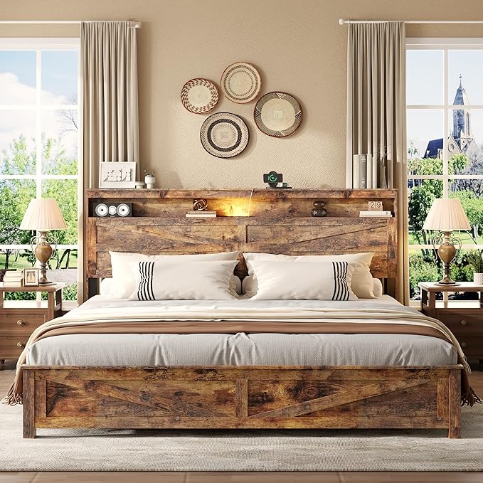 Farmhouse King Size Bed Frame with Headboard Storage Shelf, Wood Platform Bed Frame with LED Lights & Charging Station, Rustic Brown Metal Bed, No Box Spring Needed, Noise-Free Sturdy Structure