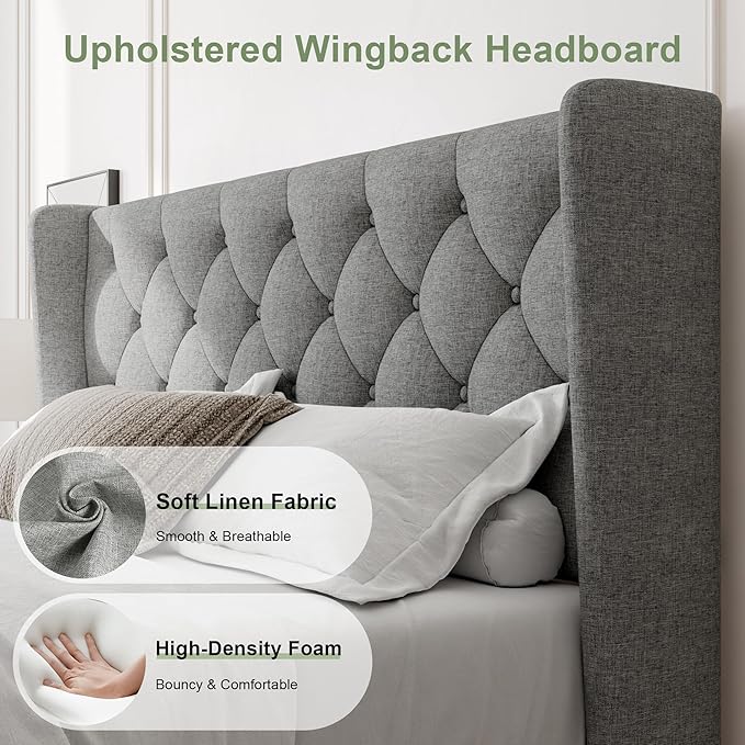 Feonase Queen Bed Frame with Upholstered Wingback Headboard, Platform Bed and Heavy Duty Wooden Slats Support, Easy Assembly, Noise-Free, No Box Spring Needed, Light Gray