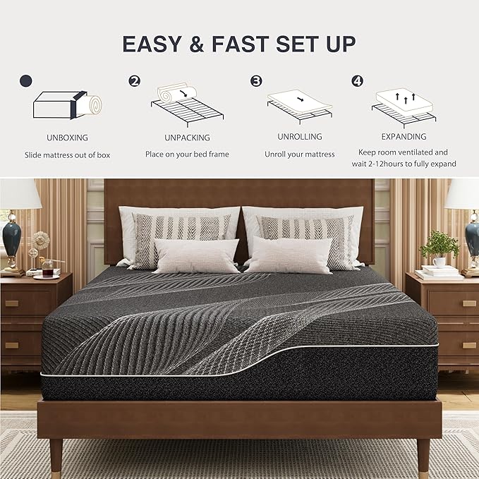 Full Mattress 14 Inch Charcoal Gel Memory Foam in a Box, CertiPUR-US Certified, Fiberglass Free, Cooling Double Mattress, Made in The USA of US Foam, 75" × 54" × 14", Medium