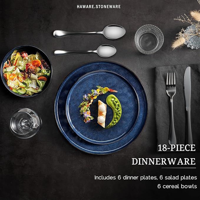 HaWare Dinnerware Sets, 18-Piece Plates and Bowls Set, Stoneware Dish Set for 6, Ceramic Dinnerware for Home Restaurant, Chip and Scratch Resistant, Microwave and Dishwasher Safe, Reactive Starry Blue