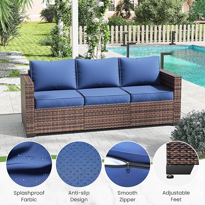 Amopatio Patio Couch, 2-Seat Outdoor Furniture, Wicker Porch Furniture Outdoor Couch Sofa with Water-Resistant Cover & Non-Slip Cushions, Premium Patio Set, Blue