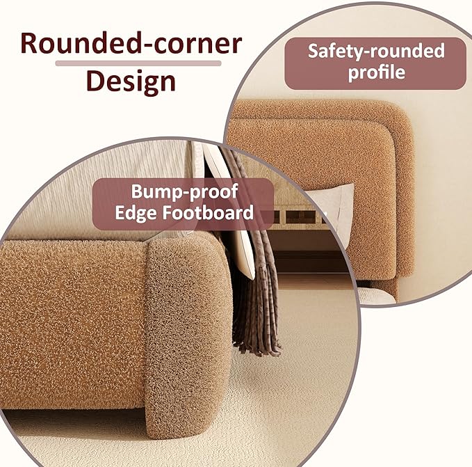 King Boucle Platform Bed Frame with Height Adjustable Headboard, Modern Upholstered Cloud Bed, Sleek Curved Design, No Box Spring Needed, Noise Free, Easy Assembly, Camel