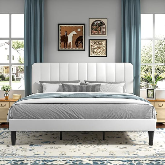 VECELO King Size Bed Frame with Upholstered Headboard, Velvet Platform Bedframe Mattress Foundation, Strong Wood Slat Support, No Box Spring Needed,White