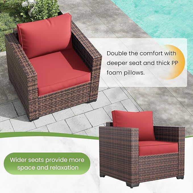 Amopatio Wicker Outdoor Sofa & Patio Couch Set - High Back Waterproof Patio Furniture Single Armrest Chair with Non-Slip Cushions, Outdoor Furniture Cover,Burgundy