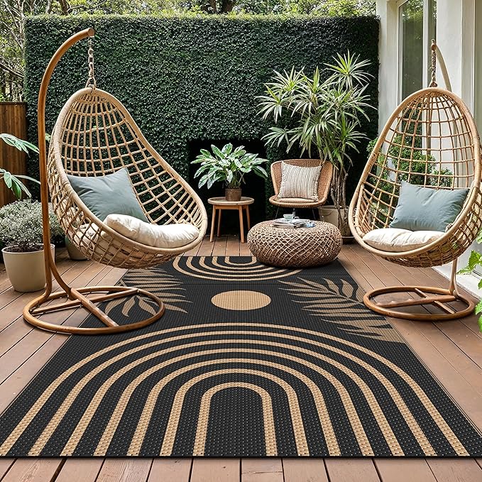 GENIMO Outdoor Rug 6' x 9' Waterproof for Patio Clearance, Reversible Plastic Straw Camping Carpet, Lightweight Rugs Mats for Rv, Backyard, Deck, Porch, Picnic, Balcony, Mix-Black & Brown
