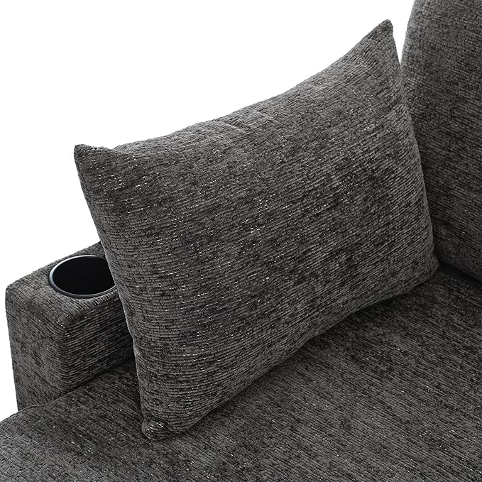 Ball & Cast 109.9" Sectional Sofa with Pull Out Bed, Chenille Upholstered Sleeper Sofa bed with Storage Chaise, Convertible U Shaped Couch with Two Cup Holders and Charging Ports for Living Room, Grey