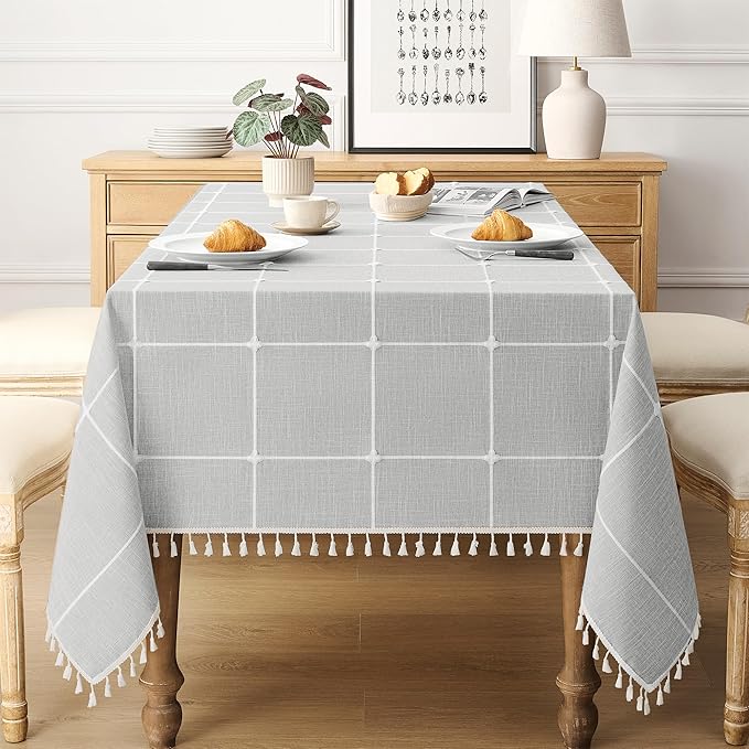 puredown® Plaid Rectangle Tablecloth, Waterproof Cotton Linen Tablecloth with Tassel, Rustic Farmhouse Table Cloths for Kitchen Dining Outdoor, 55"x70",4-6 Seats, Gray