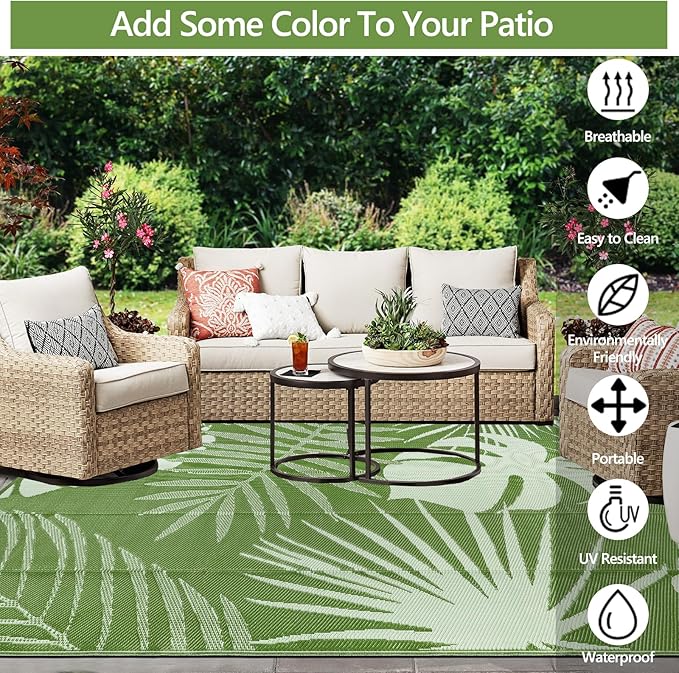Waterproof Outdoor Rug 6x9 ft, Reversible Plastic Straw Mat with Leaf Pattern, Large Floor Mat for Patio, Camping, Picnic, Backyard RV, Deck, Light Green