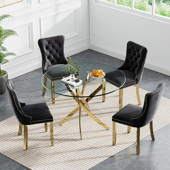 Goujxcy 5 Piece Round Glass Dining Table Set for 4, 36" Round Dining Table & Chair Set Modern Circle Glass Kitchen Table and 4 Velvet Upholstered Chairs for Kitchen Dining (Gold Table & Black Chair)
