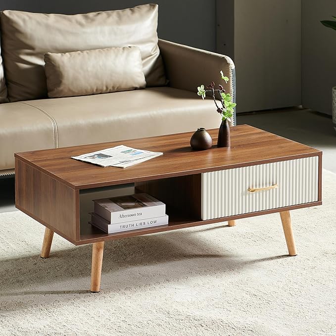 Mid Century Wooden Coffee Table with Stripe Drawer，Modern 41" Large Center Table with Storage，Rectangular Walnut Wood Coffee Tables for Living Room, 2-Tier Cocktail Table, Solid Wood Legs