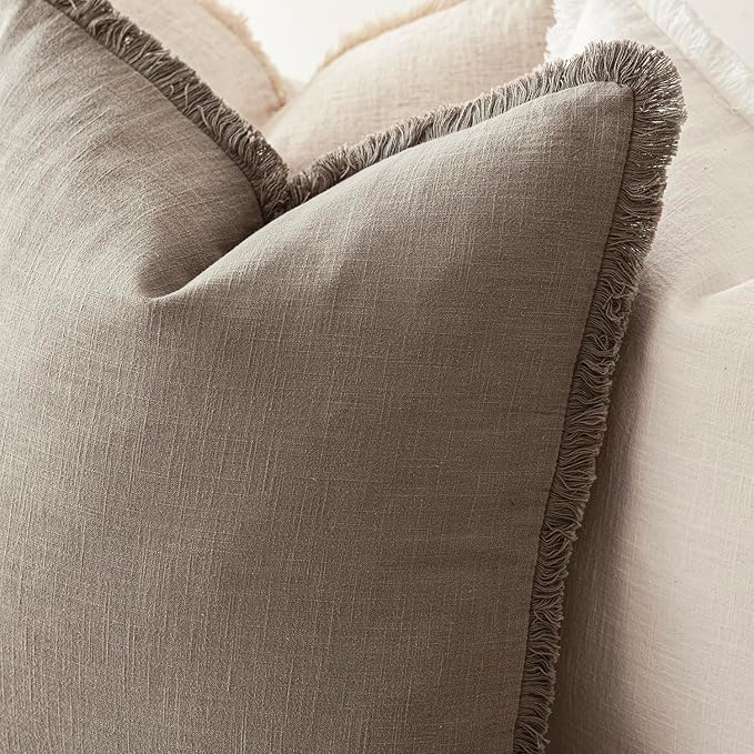 Foindtower Set of 2 Decorative Linen Fringe Throw Pillow Covers Boho Farmhouse Cushion Cover with Tassels Soft Accent Pillowcase for Couch Chair Sofa Bed Living Room Home Decor,18×18 Inch,Brown Tan