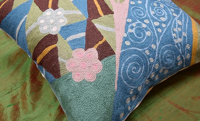 Klimt Blue Modern Pillow Cover - Seed Art Nouveau Pillowcase Modern Farmhouse Chair Cushion Boho Outdoor Pillowsham Mid Century Couch Cushion Handmade Wool 18x18 Inch